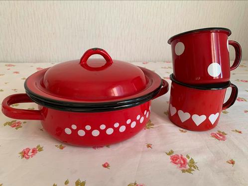 Emaille pan mok rood polkadot en ❤️🤍 brocante, Antiek en Kunst, Antiek | Emaille, Ophalen of Verzenden