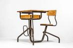 Vintage Franse Schoolbank met Stoel - Jaren 40 Design Indust, Ophalen of Verzenden, In hoogte verstelbaar, Gebruikt, Bureau