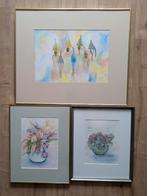 Tk 3 handgeschilderde gesigneerde werken in mooie lijsten., Ophalen of Verzenden