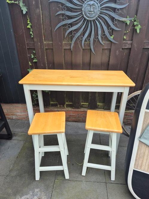 Houten Tafel met 2 Krukjes, Huis en Inrichting, Tafelonderdelen, Gebruikt, Tafelblad, 100 tot 150 cm, Minder dan 50 cm, Rechthoekig