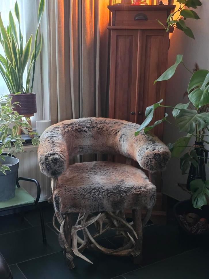 Gewei stoel met bont - uniek design - fauteuil met vacht, Huis en Inrichting, Fauteuils, 50 tot 75 cm, Ophalen