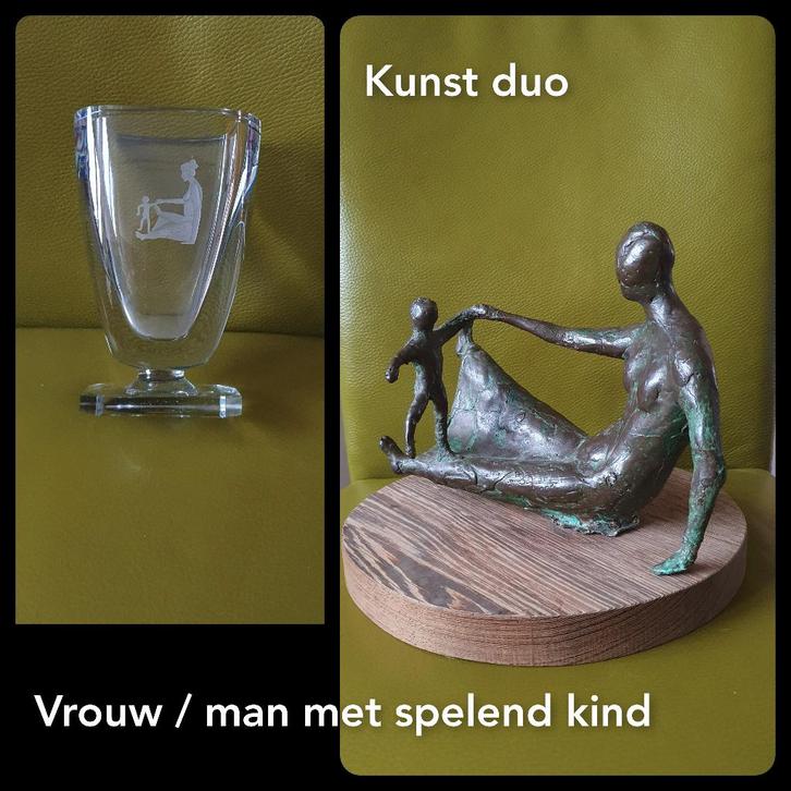 Geboortegeschenk ouder/kind Brons - kristal Strombergshyttan, Antiek en Kunst, Antiek | Glas en Kristal, Ophalen of Verzenden