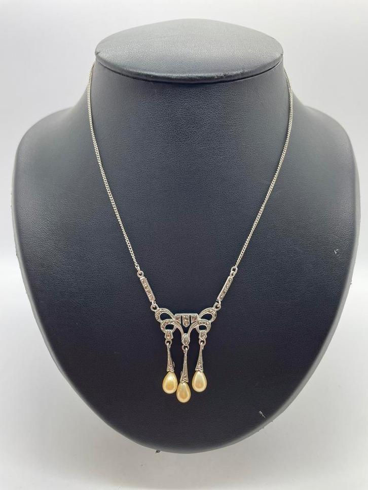Z850 Prachtige zilveren ketting parel markasiet, Sieraden, Tassen en Uiterlijk, Antieke sieraden, Ketting, Zilver, Met edelsteen