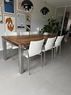 Teak eetkamertafel / eettafel hout / wit leren stoelen, Huis en Inrichting, Tafels | Eettafels, Ophalen, Teakhout, 200 cm of meer