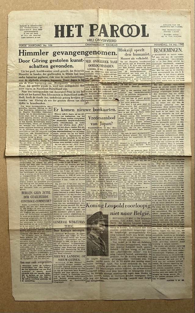 Het Parool - Amsterdam editie - 14 mei 1945, Verzamelen, Tijdschriften, Kranten en Knipsels, Ophalen of Verzenden, 1940 tot 1960