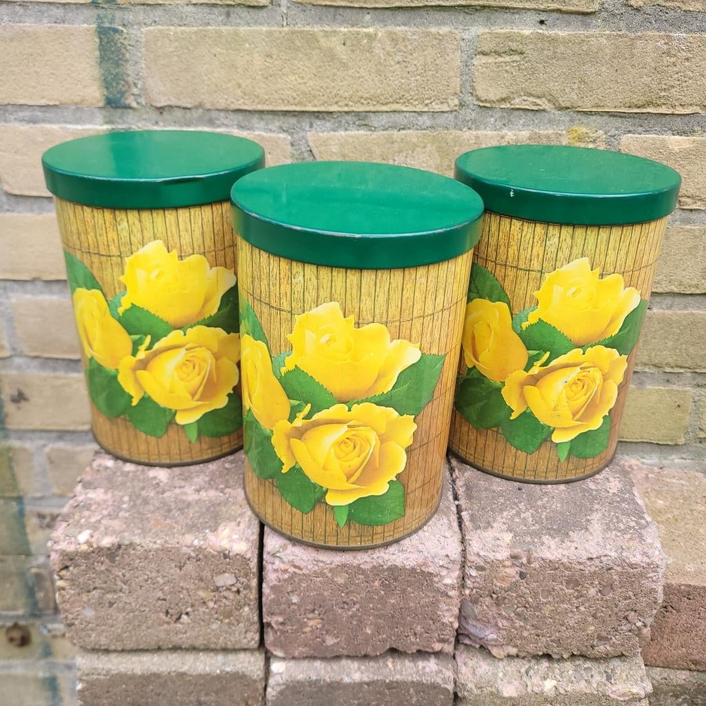 Vintage Tomado Opbergblikken Set - Gele Rozen, Ophalen of Verzenden
