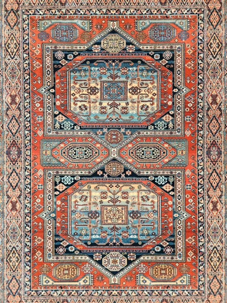 Vintage oosters wol vloerkleed Kazak medalion blue 199x280cm, Gebruikt, Oosters, Klassiek, Vintage, Crème, 150 tot 200 cm