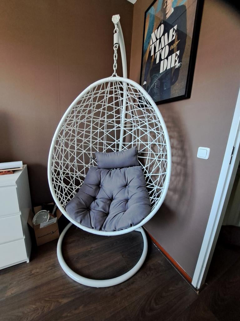 Witte Egg hangstoel met grijs kussen, Ophalen, Wit, Zo goed als nieuw, Stof