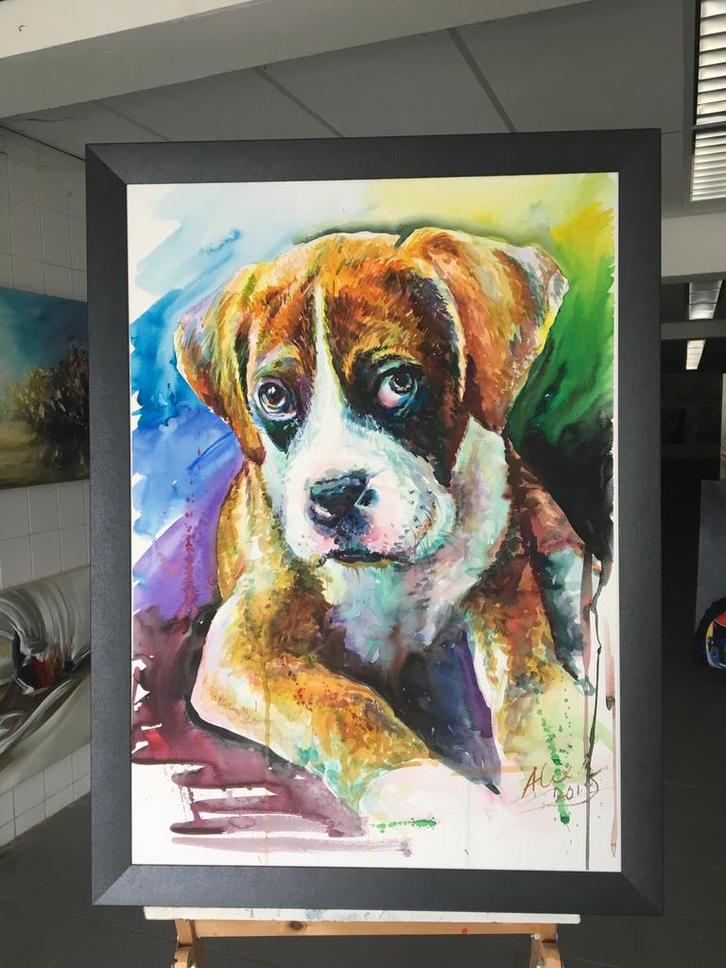 Alex L- Honden portretten- Handgeschilderd (109%)-Origineel, Antiek en Kunst, Kunst | Schilderijen | Modern, Ophalen of Verzenden