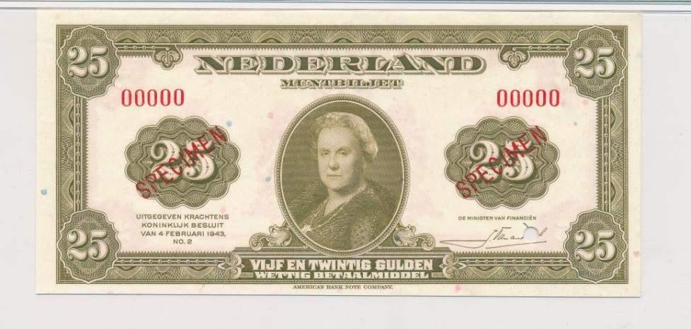 NL muntbiljet 25 gulden Wilhelmina 1943 SPECIMEN PMG 65 EPQ, Postzegels en Munten, Bankbiljetten | Nederland, Ophalen of Verzenden