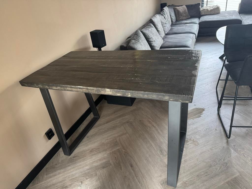 Stoere bartafel met metalen onderstel, Ophalen, Gebruikt, 100 tot 150 cm, 50 tot 100 cm