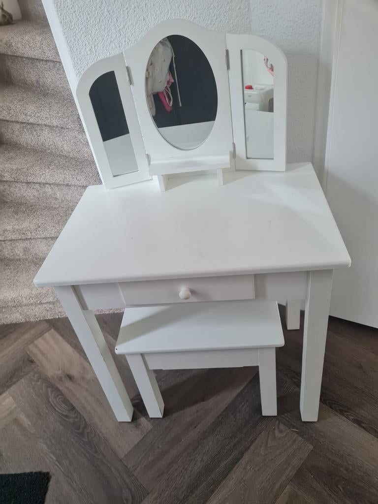 Witte kaptafel met spiegel en krukje, Ophalen, Modern, Klassiek, Gebruikt, 50 tot 100 cm