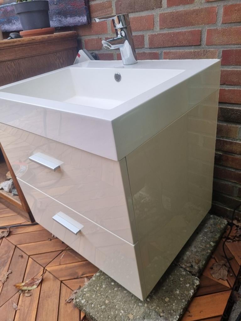 INK Wastafelonderkast - 80x40x52cm - 2 lades - greeploos - met houten keerlijst - MFC - Greige