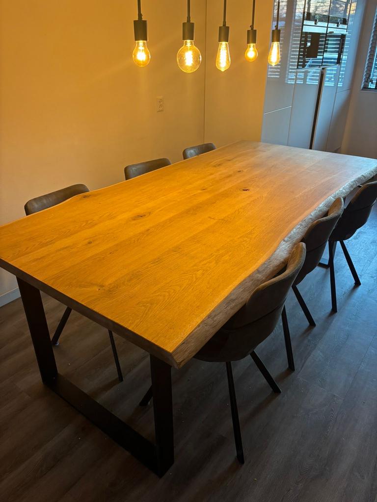 Grote eiken houten tafel 220x110 met 6 stoelen, Huis en Inrichting, Ophalen, Gebruikt, 200 cm of meer, 50 tot 100 cm