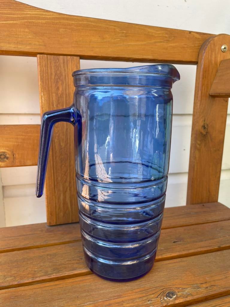 Vintage karaf / waterkkan / schenkkan van blauw glas, Ophalen of Verzenden
