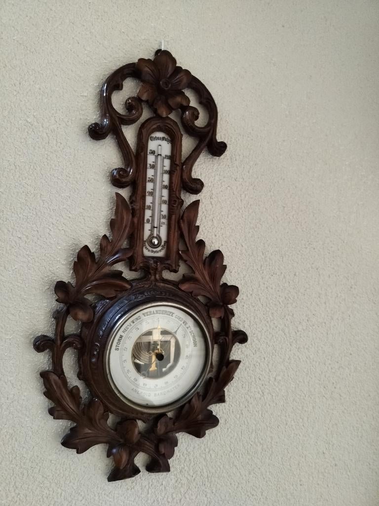 Antiek Weerglas / Barometer met Thermometer - Houtsnijwerk, Ophalen of Verzenden, Gebruikt, Barometer