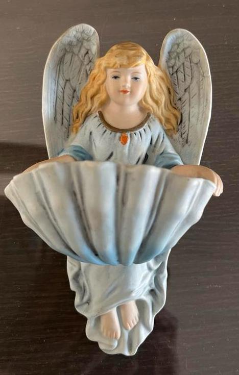 Frans vintage bisque porselein wijwater schaaltje met engel, Ophalen of Verzenden