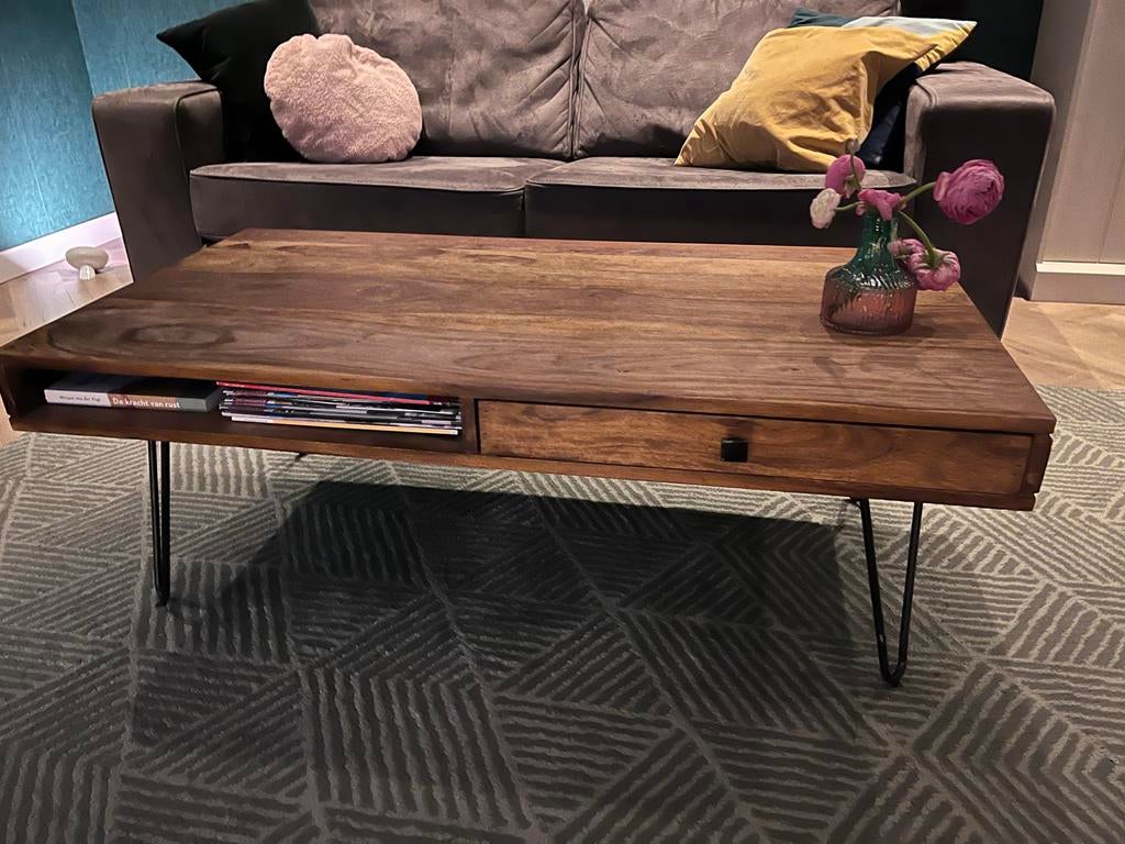 Mooie salontafel van mangohout met lade en opbergvak, Ophalen, 100 tot 150 cm, 50 tot 100 cm, Zo goed als nieuw