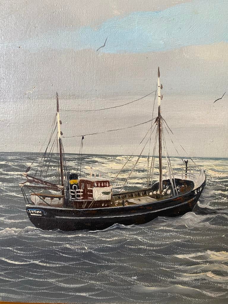 Oud schilderij: Havenhoofd met scheepjes, gesigneerd J.v.M., Antiek en Kunst, Kunst | Schilderijen | Klassiek, Ophalen
