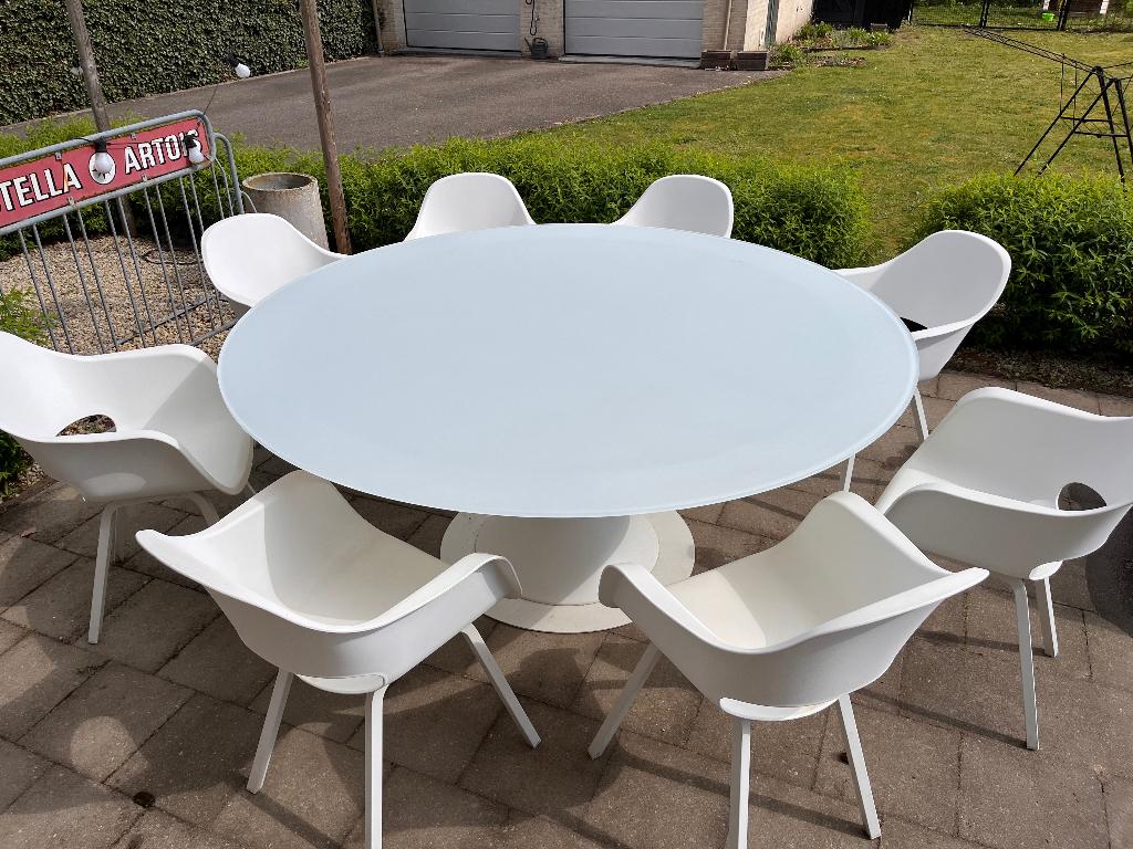 Ronde witte tuintafel +8 stoelen, Tuin en Terras, Tuintafels, Ophalen, Gebruikt, Rond, Aluminium