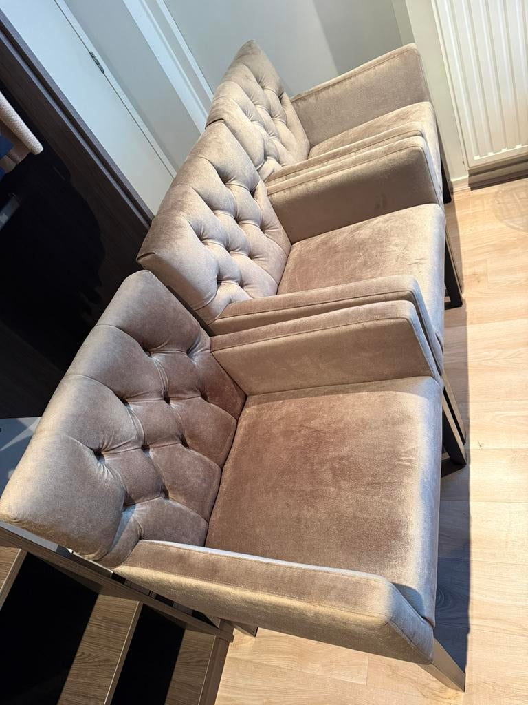 Drie prachtige champagne velvet eettafelstoelen, Huis en Inrichting, Stoelen, Overige kleuren, Drie, Ophalen of Verzenden, Zo goed als nieuw