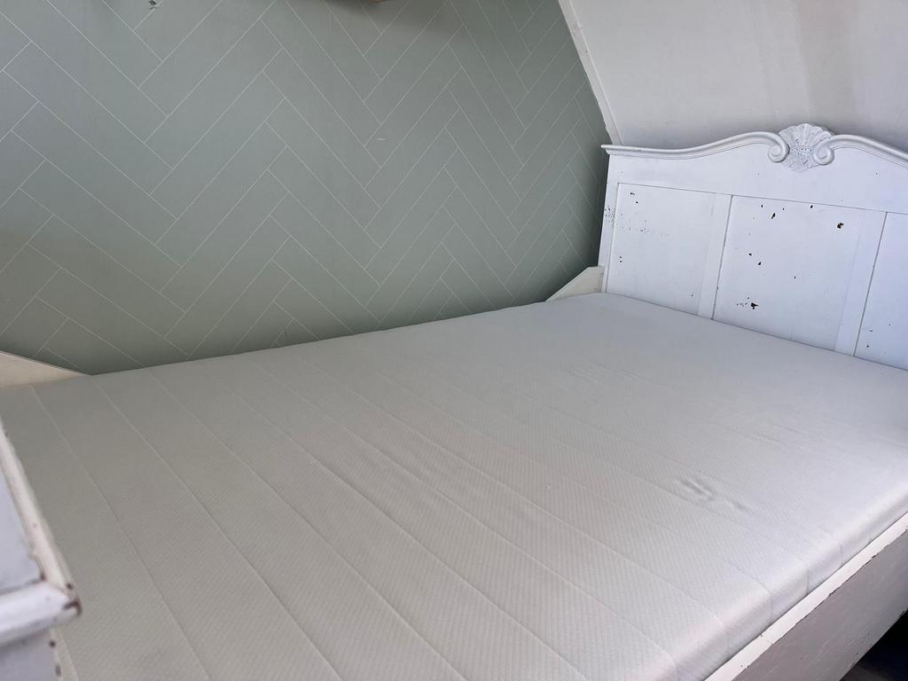 Houten twijfelaar bed, Ophalen, Wit, 190 cm of minder, Zo goed als nieuw