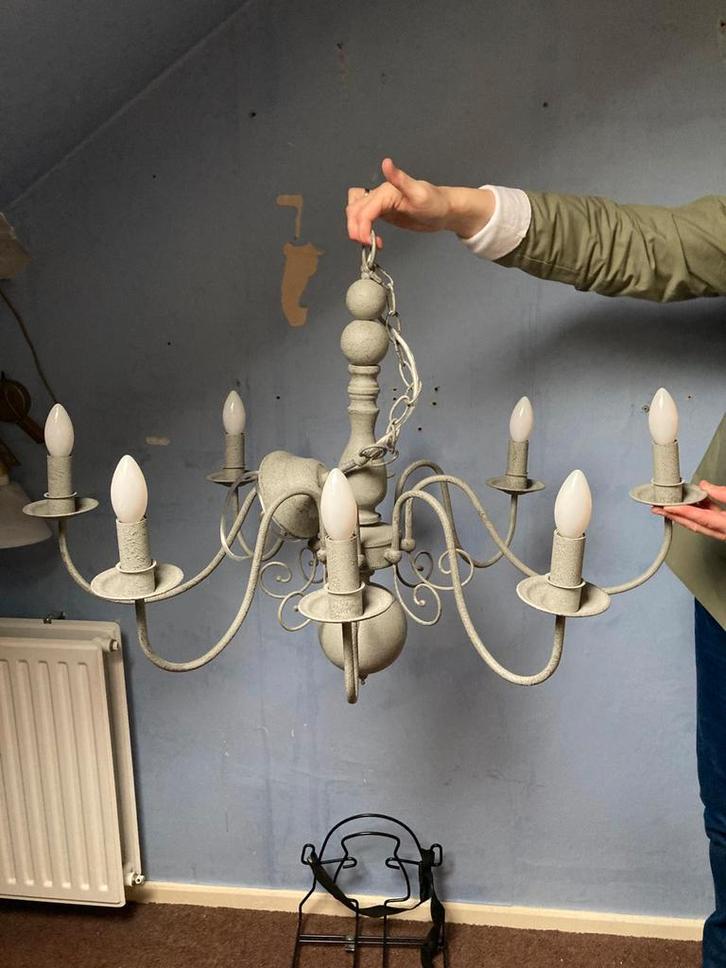 Vintage Kroonluchter met 6 Lichtpunten - Grijs, Huis en Inrichting, Lampen | Kroonluchters, Gebruikt, Metaal, Ophalen of Verzenden