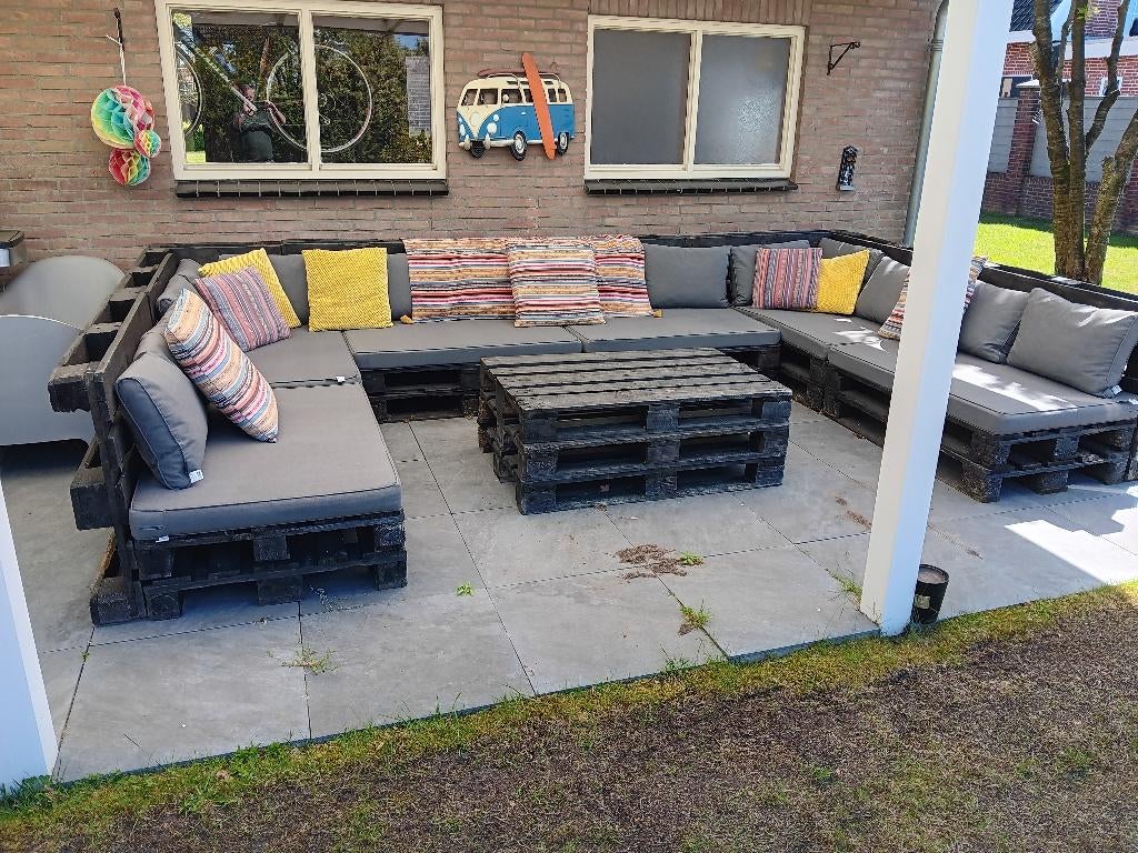 loungeset van pallets incl kussens, Ophalen, Gebruikt, Meer dan 8 zitplaatsen, Loungeset