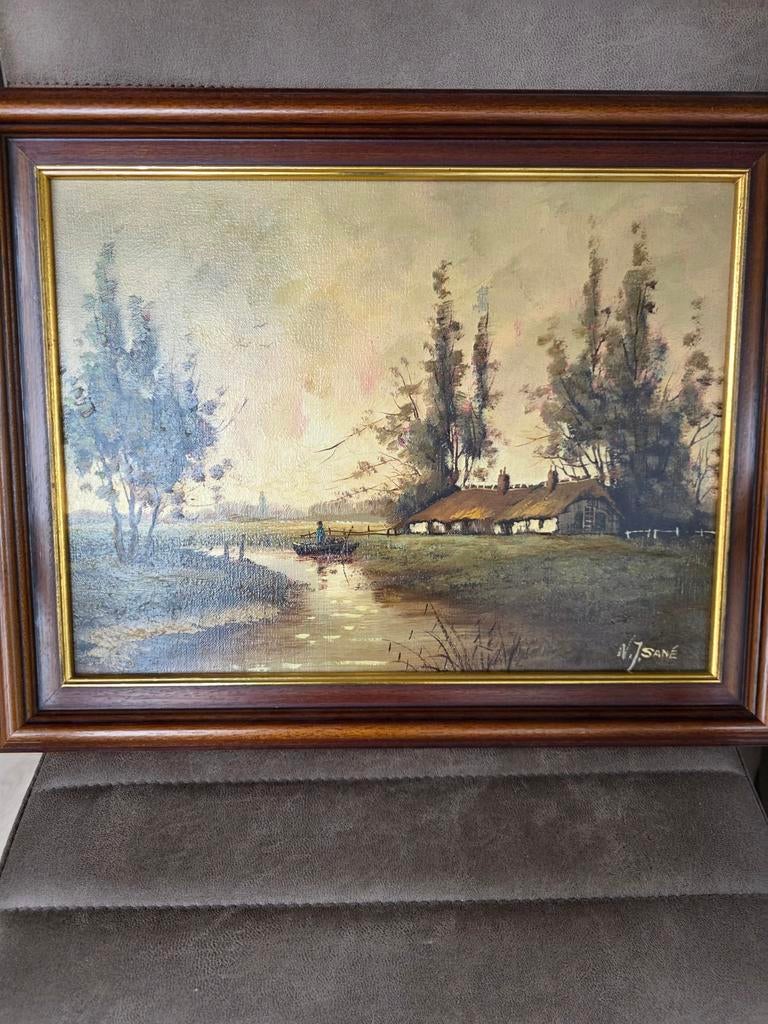 Landschapsschilderij met rivier en boerderij, Ophalen