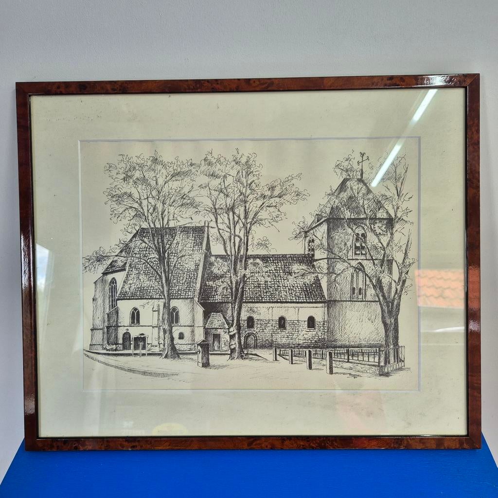 Ingelijste tekening van kerk Hellendoorn, Ophalen of Verzenden