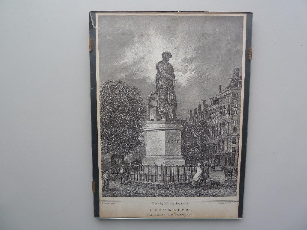 oude prent Amsterdam standbeeld Rembrandt, Antiek en Kunst, Kunst | Etsen en Gravures, Ophalen of Verzenden