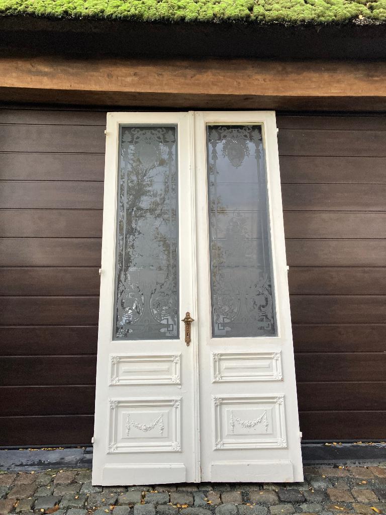 Hoge antieke Dubbele ensuite deur met art-Deco geëtst glas !, Doe-het-zelf en Verbouw, Deuren en Horren, Ophalen, Gebruikt, Binnendeur