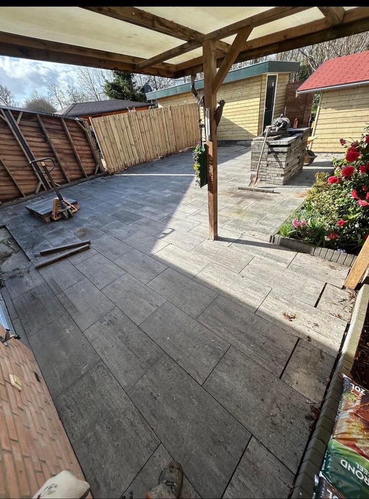 €15 per m2Tegels 40x80x6 Blauwig patroon - 13m2 + 7m2 gratis, Tuin en Terras, Ophalen, Gebruikt, 10 m² of meer, Beton