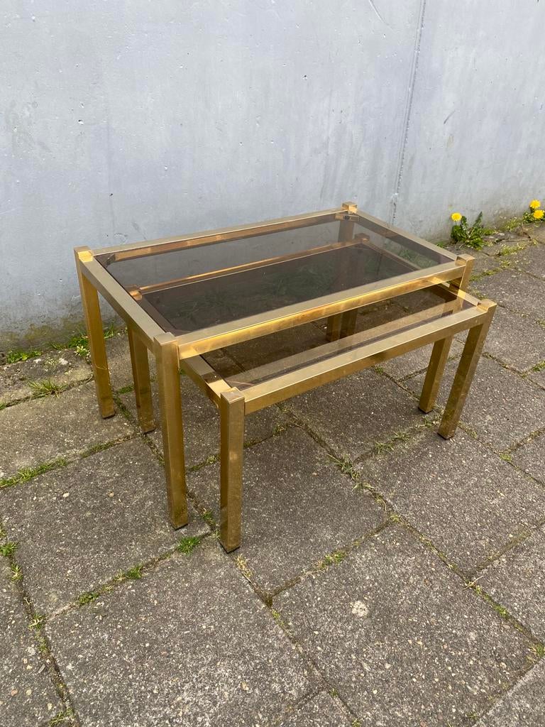 Hollywood Regency set bijzet tafeltjes met rookglas ‘70, Huis en Inrichting, Tafels | Bijzettafels, Ophalen, Rechthoekig, Glas