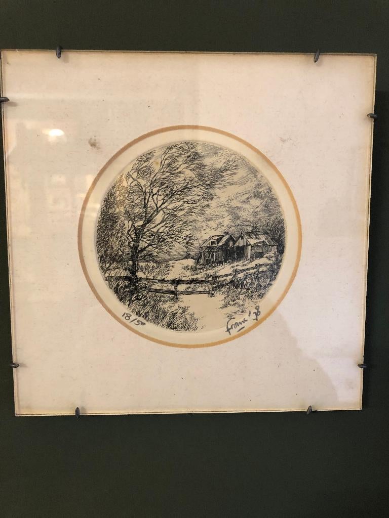 Prachtig gesigneerde etsje in lijst en dubbele passe-partout, Antiek en Kunst, Dagelijks leven, Ophalen of Verzenden, 15 cm, Met tekst