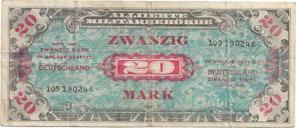 Duitsland 20 mark 1944 Geallieerde bezetting, Ophalen of Verzenden, Duitsland, Los biljet