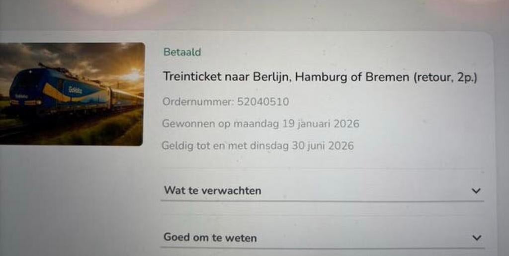 Treinticket naar Berlijn Hamburg of Bremen - 2 personen, Tickets en Kaartjes, Twee personen, Trein, Met bestemming of datum