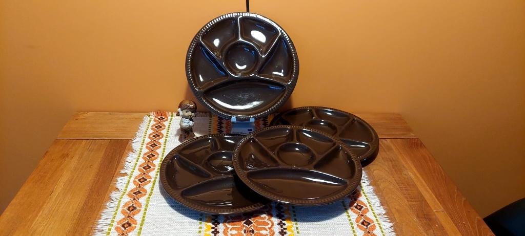 4 Vintage fondue tapas gourmet borden bruin jaren 70, Overige materialen, Eu, Eu, Ophalen of Verzenden