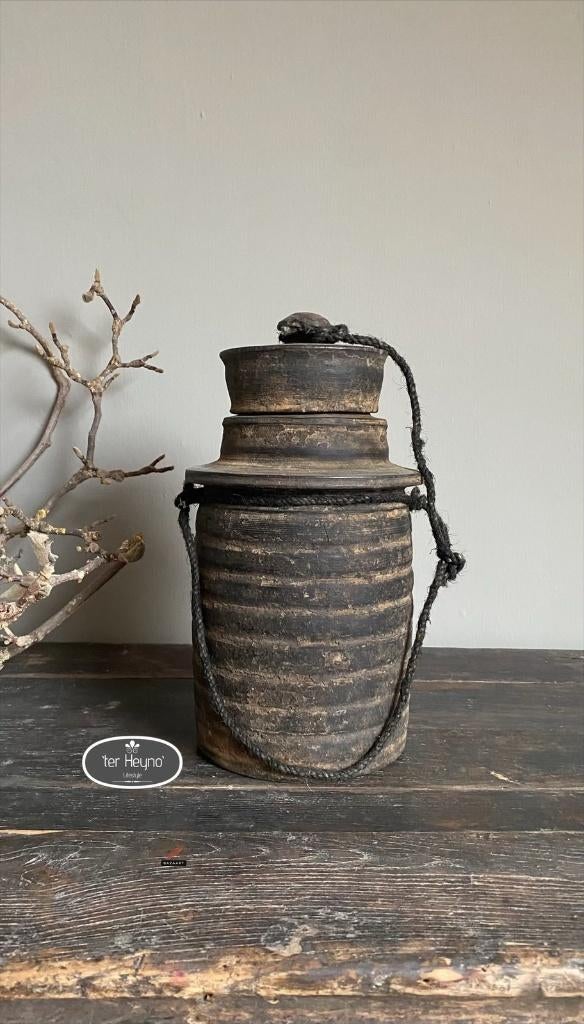 Oude houten kruik met deksel pot hout stoer sober landelijk, Hout, Verzenden, Nieuw, Landelijk