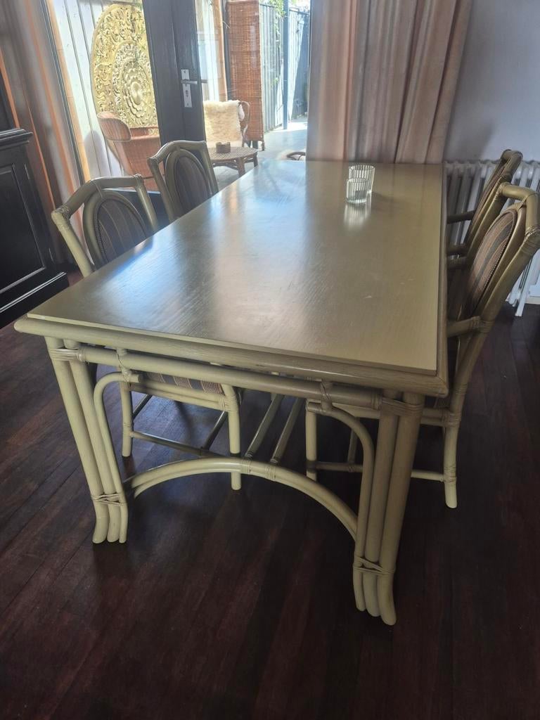 Mooie lichtgroene bamboe eethoek - trendy en stijlvol, Huis en Inrichting, Ophalen of Verzenden, Gebruikt, Bamboe, Trendy, Natuurlijk