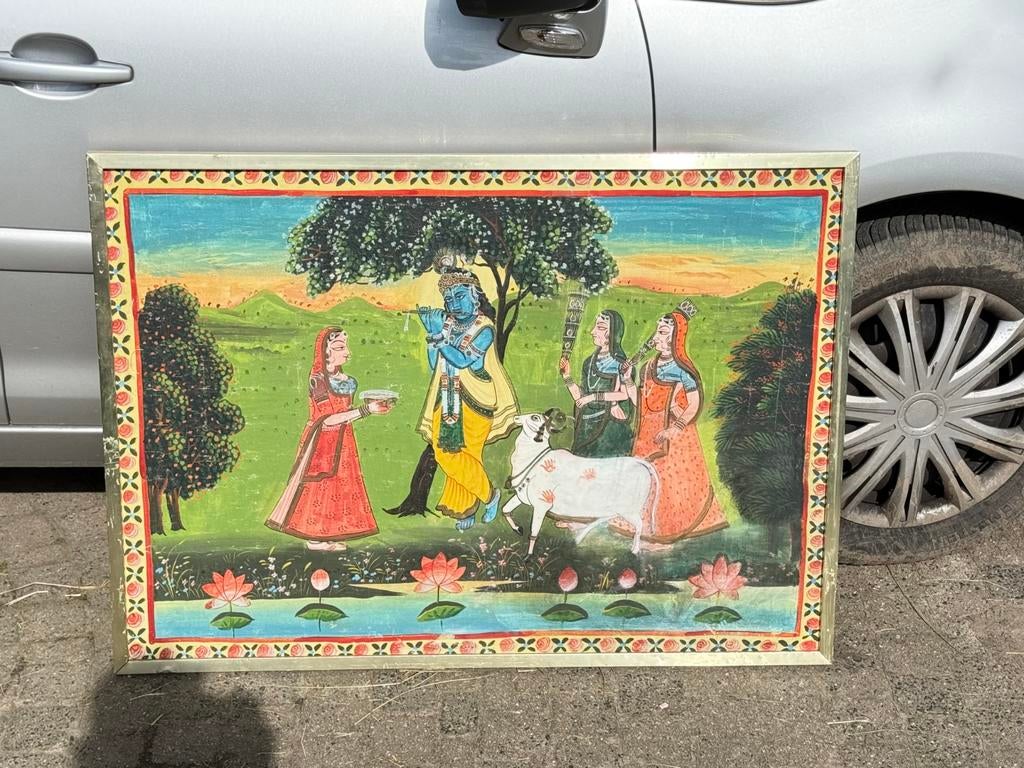 Schilderij met Krishna en koe, Ophalen of Verzenden