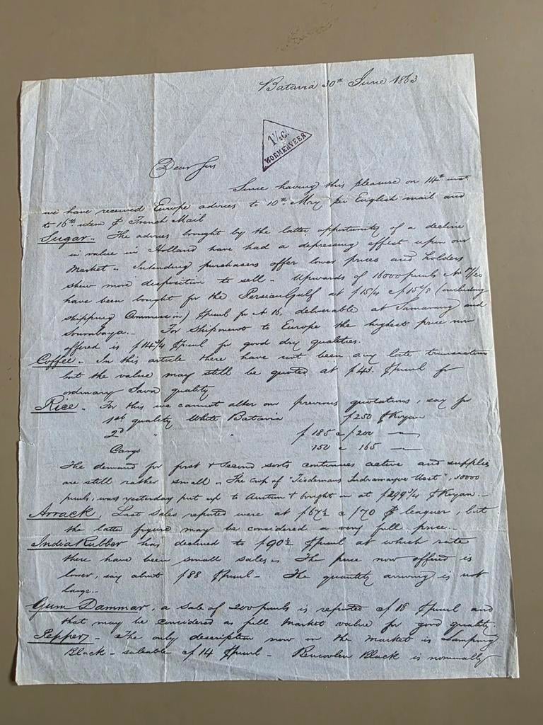 35)DRUKWERK DRIEHOEKSTEMPEL WORMERVEER 1 1/2 C. BATAVIA 1863, Postzegels en Munten, Ophalen of Verzenden, Gestempeld, Overige thema's
