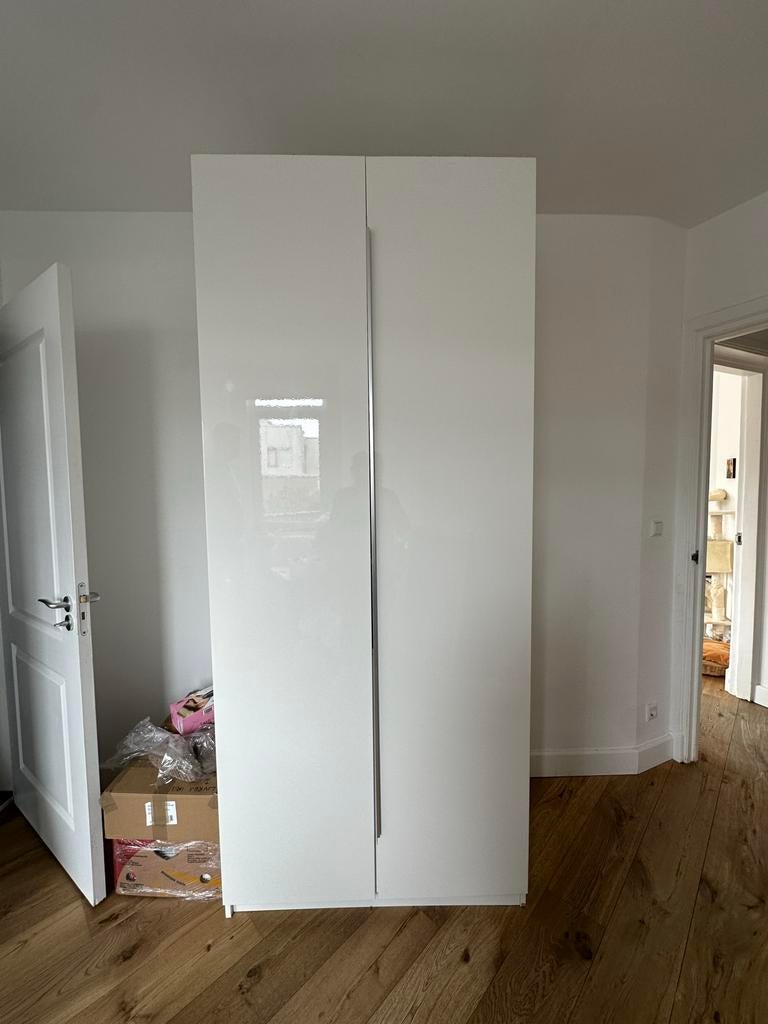 IKEA Pax kledingkast wit hoogglans met lades en planken, Ophalen, Overige materialen, Gebruikt, 200 cm of meer