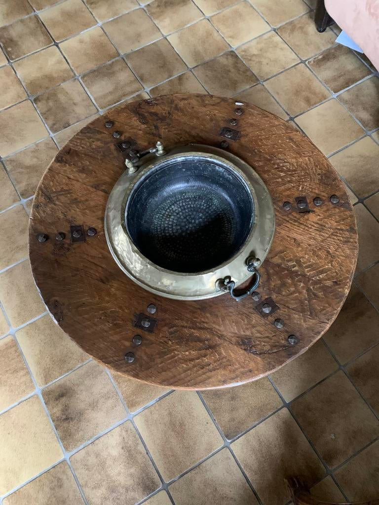 Ronde eiken tafel met messing bak, Antiek en Kunst, Ophalen