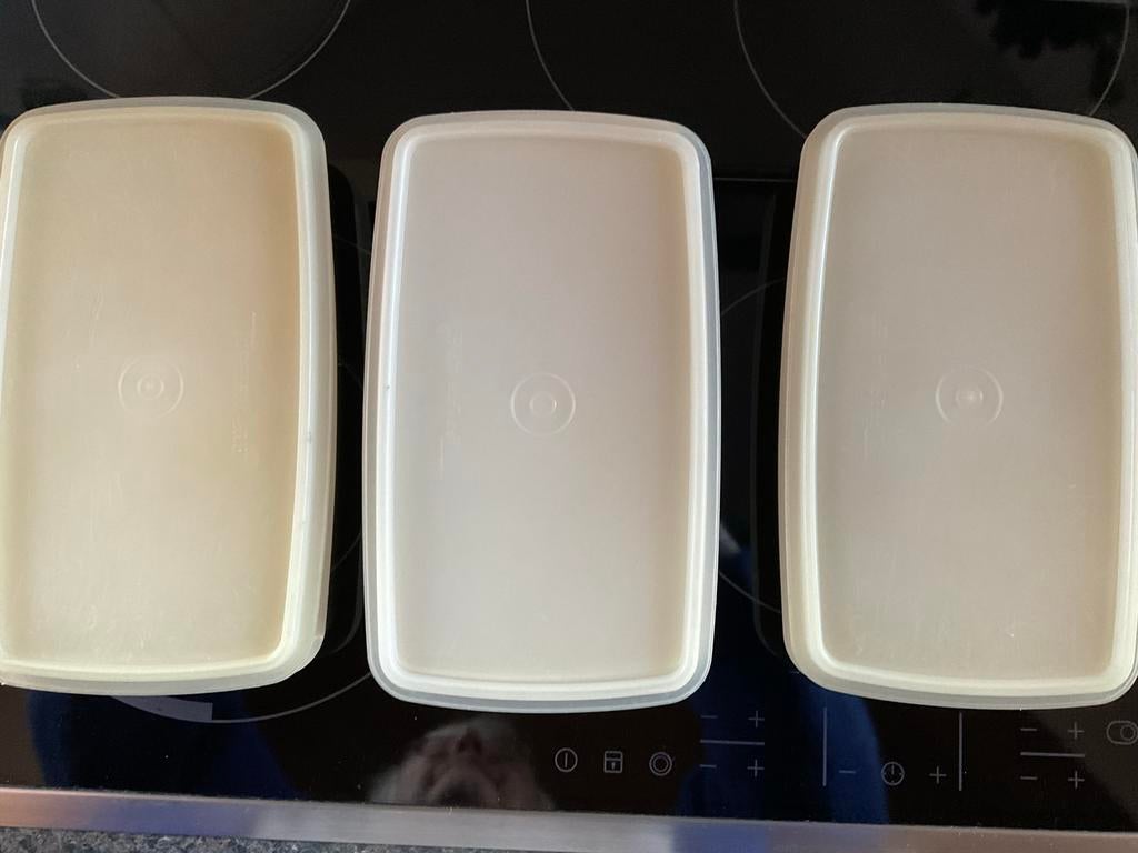 3 Tupperware Dubbelop dozen met deksel - Gebruikt maar goed, Ophalen of Verzenden, Gebruikt, Crème, Bus of Trommel