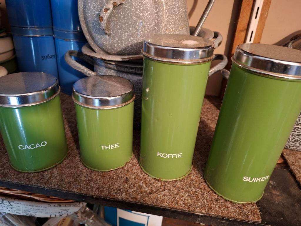 Vintage voorraadpotten set - Cacao, Thee, Koffie, Suiker, Ophalen of Verzenden, Voorraadpot, Metaal, Overige merken