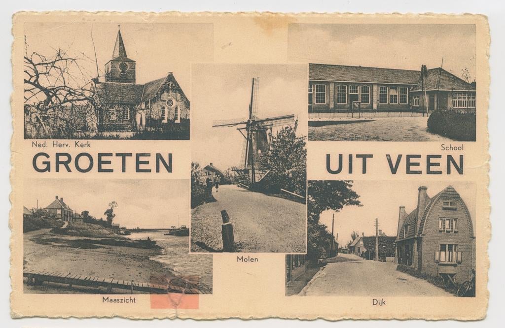 Veen kerk school dijk molen en maas, Verzenden, 1940 tot 1960, Gelopen, Noord-Brabant