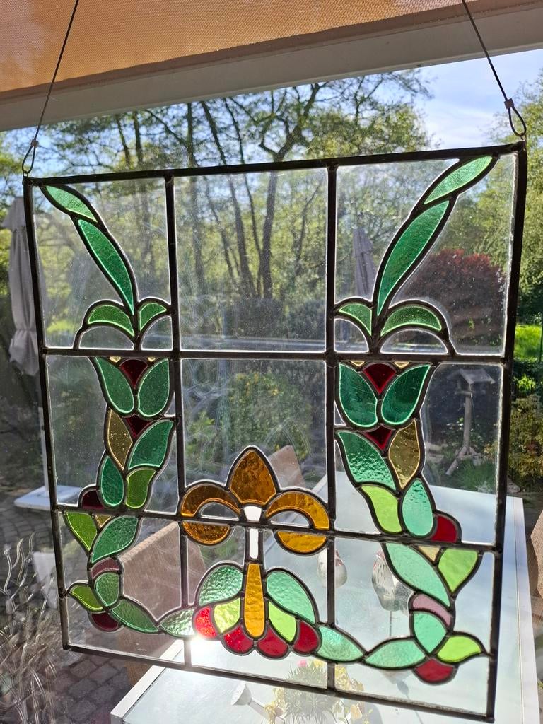 Glas-in-Lood Raampaneel - Art Nouveau Floraal Motief, Antiek en Kunst, Antiek | Glas en Kristal, Ophalen