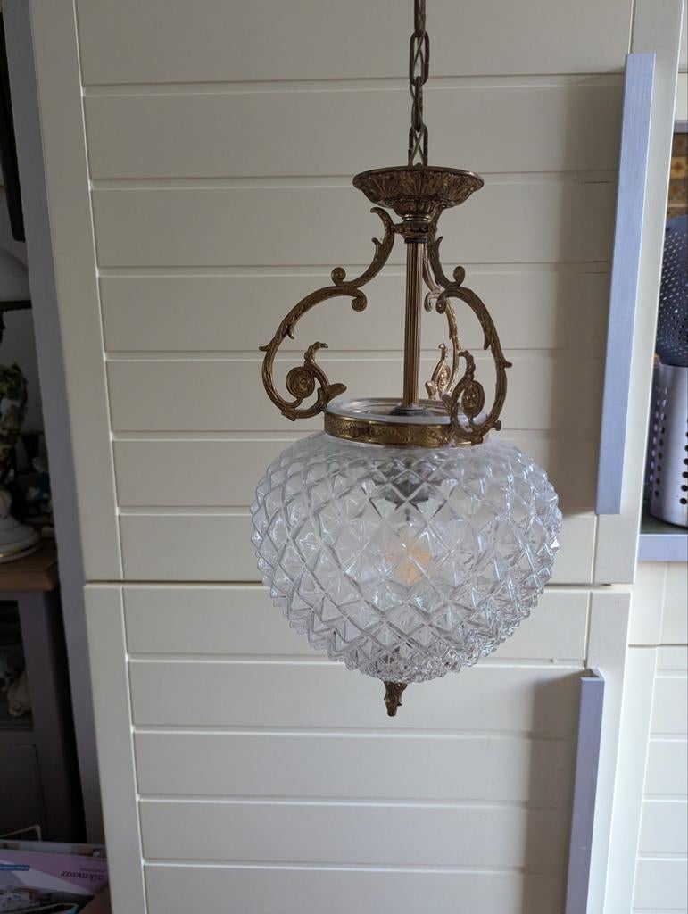 Vintage hanglamp met geslepen glazen bol, Ophalen of Verzenden