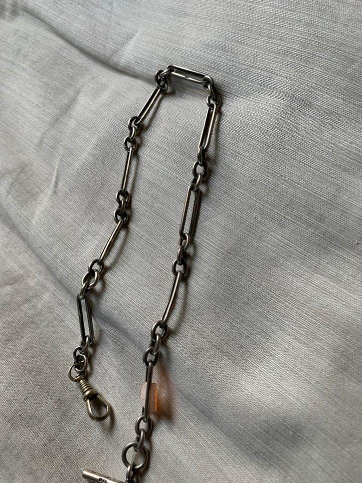Antieke zilver horlogeketting met T-bar en rozenkwarts kraal, Sieraden, Tassen en Uiterlijk, Horloges | Dames, Gebruikt, Zakhorloge